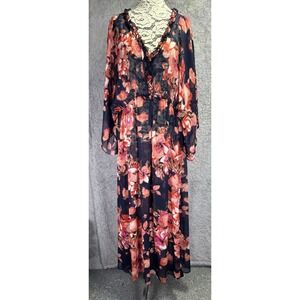 Curations Cottagecore‎ Floral Maxi Dress Blue Butterfly Flutter Sleeves 1X NWOT